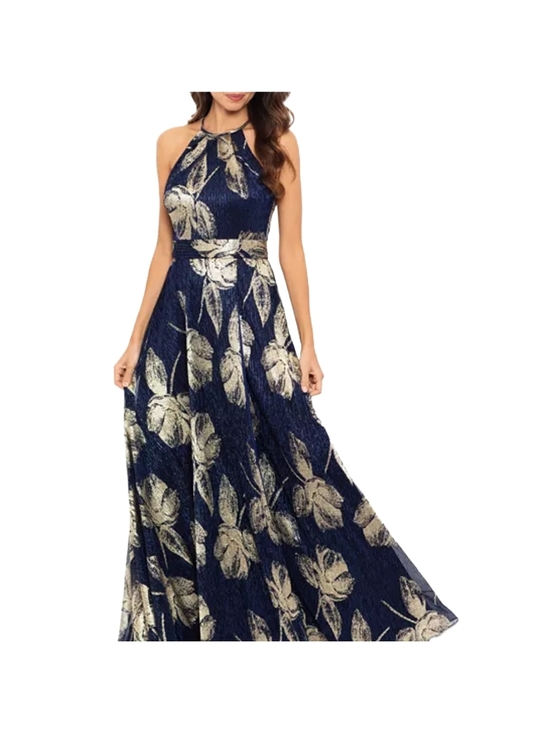 Aqua Dresses & Skirts - Bloomingdale's Womens Aqua Floral Print Foil Halter Gown Size 10 Navy, Gold NWT